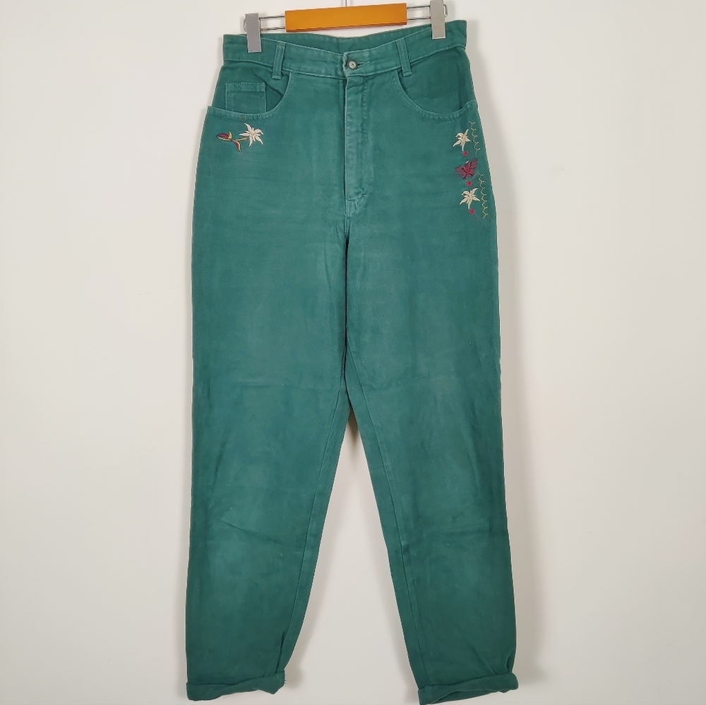 Vintage Geiger Collection High Waist Denim Pants Floral Embroidery Size EU 40